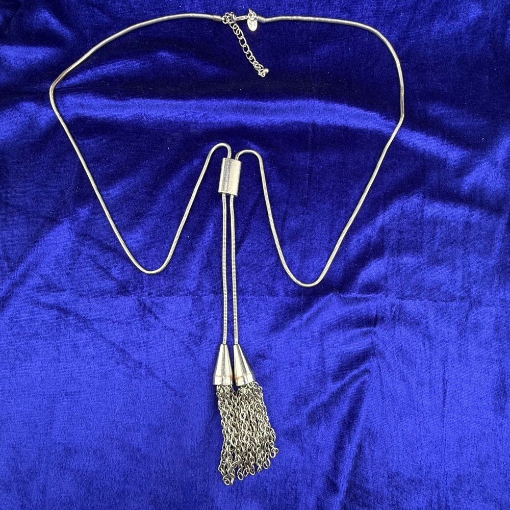 Charming Charlie Necklace Silver Tassel Fringe Lariat Adjustable 32"